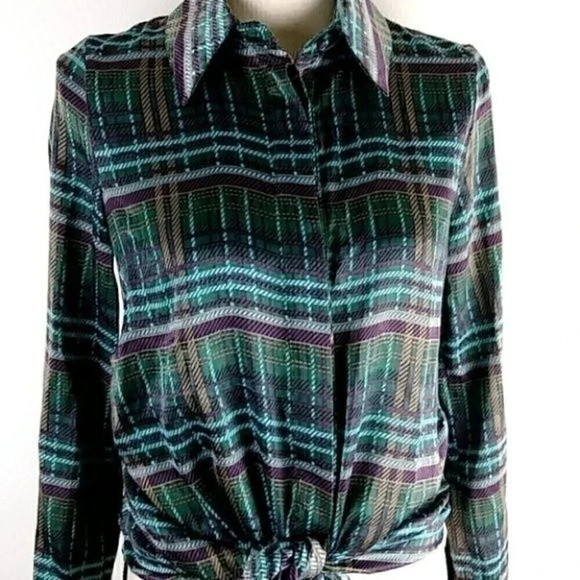 JOA Green Satin Plaid Tie Front Silky Long Sleeve Top Tie Front Button Down - Picture 1 of 14